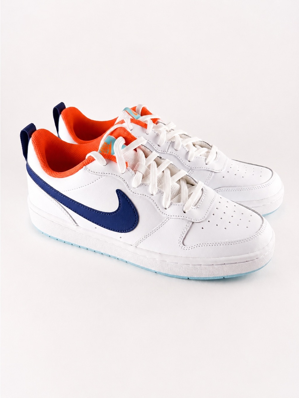 Size 6.5Y/8W- Nike Court Borough White Sneakers Navy Swoosh Orange Lining